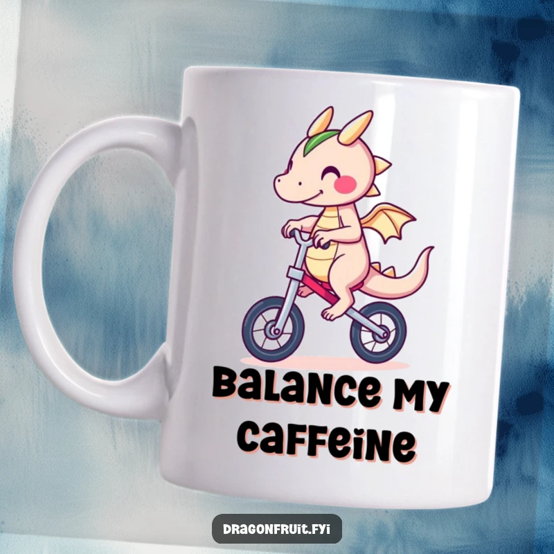 Funny Dragonfruit Mug showing a character struggling to balance on a unicycle, with arms flailing in a comical attempt.