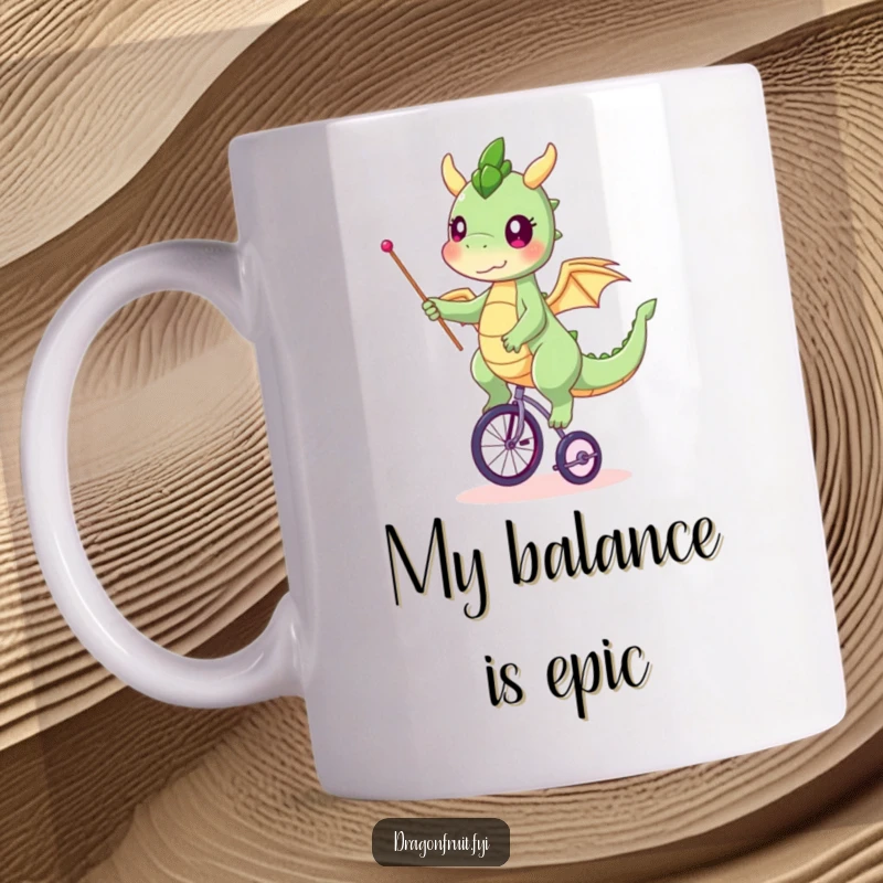 Funny dragonfruit mug, twinkling eyes, balancing on a tiny unicycle, waving a small flag with cheerful determination.
