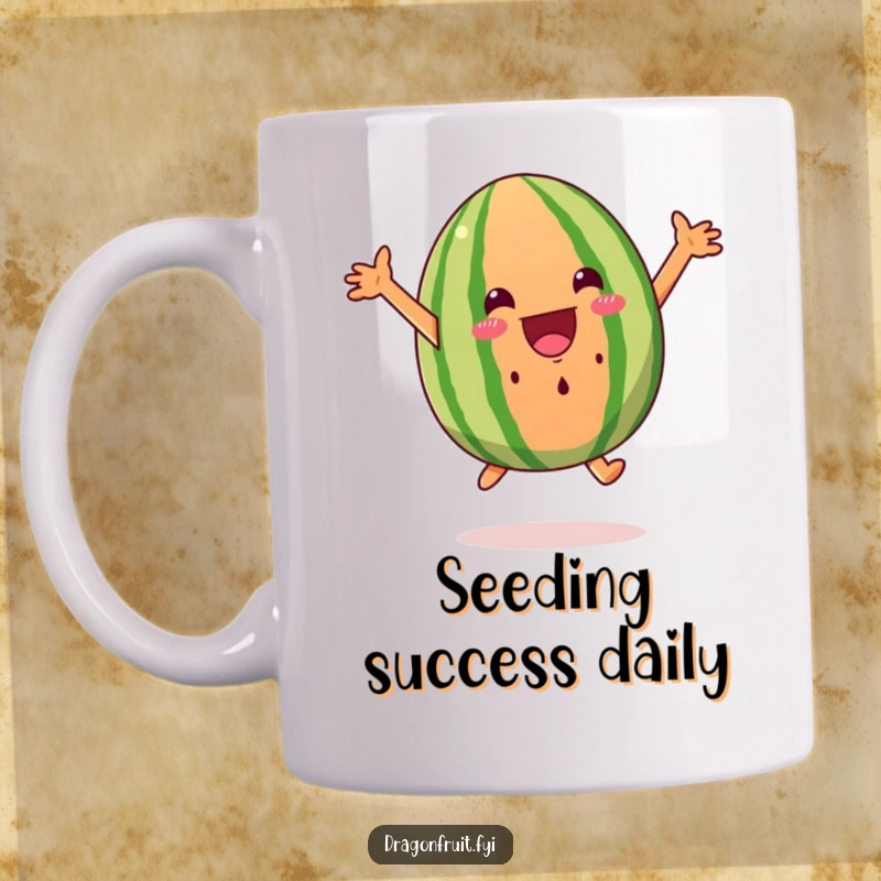 Funny watermelon wedge mug leaping with excitement, arms wide, radiating pure joy and energy, perfect for a laugh.