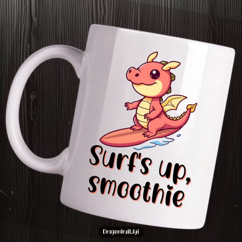 Funny mug showing a laughing dragonfruit character joyfully riding a surfboard made of banana slices, perfect for tropical vibes.