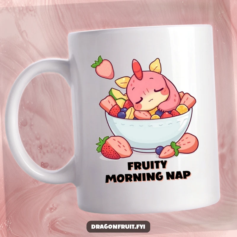 Funny mug showcasing a sleepy dragonfruit character peacefully snoozing in a vibrant bowl of fruit salad, perfect for nap lovers.