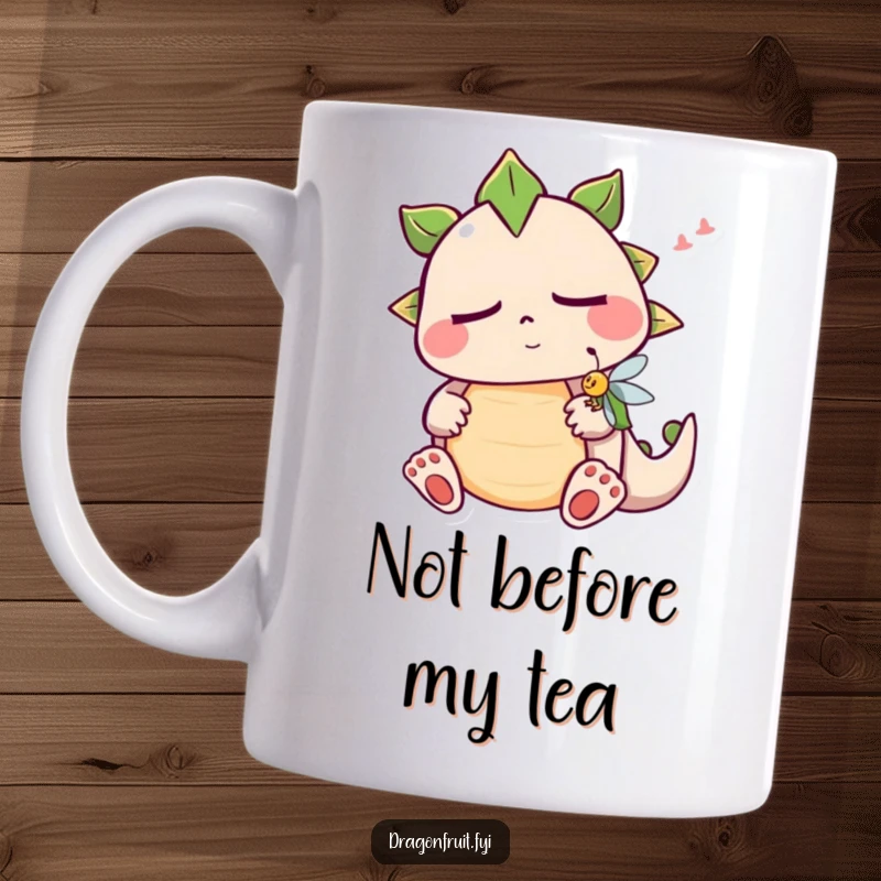 Funny sleepy dragonfruit mug with closed eyes snoring gently as a fruit fly buzzes around its head, perfect for coffee lovers.