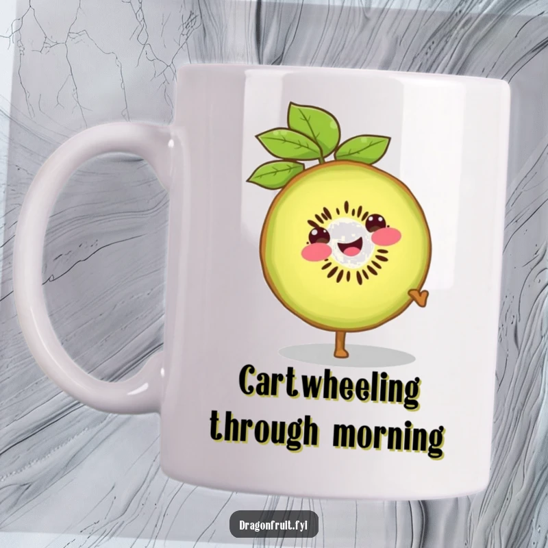 Funny mug showing a smiling kiwi slice with its leafy top confidently doing a cartwheel, radiating joy and energy.