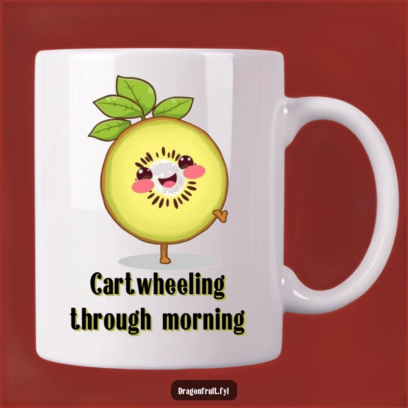 Funny Smiling Kiwi Slice Mug: Cartwheel & Hilarious Gift for Active Folks