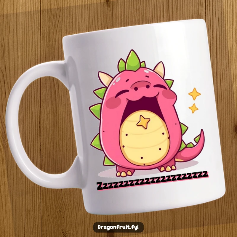 Funny yawning dragonfruit mug, mouth wide open, releasing a tiny, star-shaped bubble of sleepiness, adorably tired.
