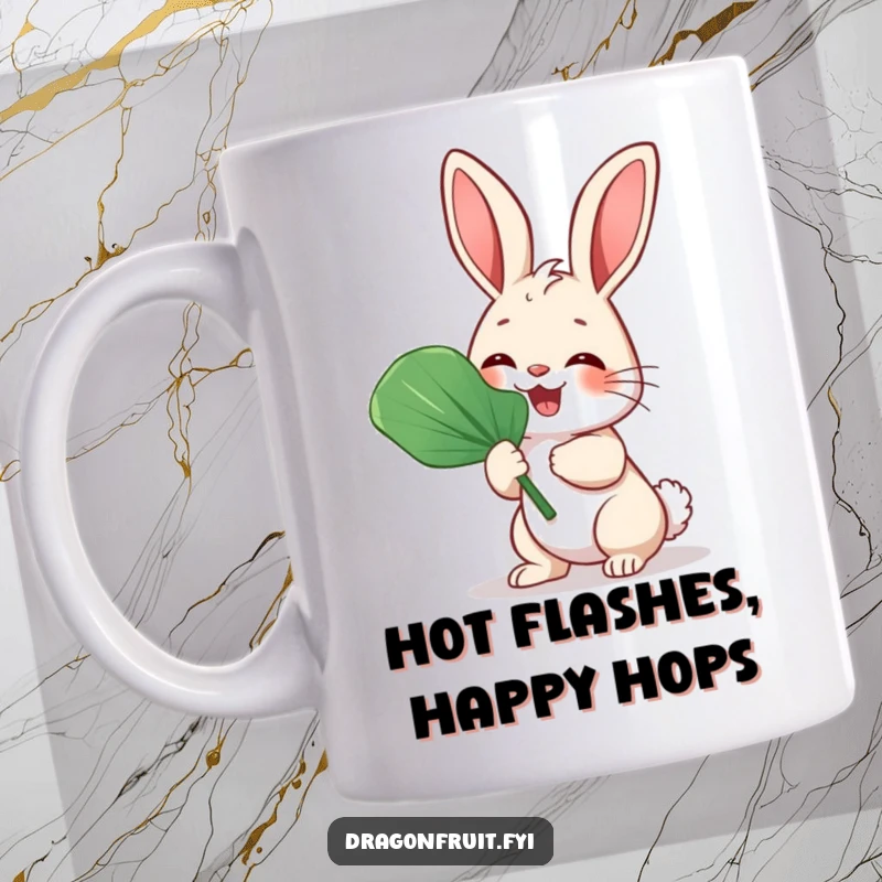 Funny Bunny Rabbit Fan Mug featuring a giggling rabbit fanning itself enthusiastically with a large leaf.