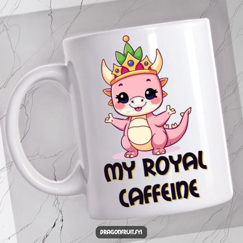 Funny mug featuring a dragonfruit wearing a crown, striking a proud yet silly pose, exuding regal charm and humor.
