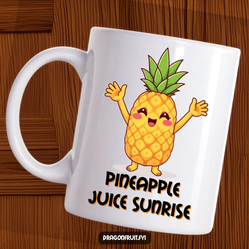 Funny mug shows a cheerful pineapple character doing a silly dance with arms raised joyfully.