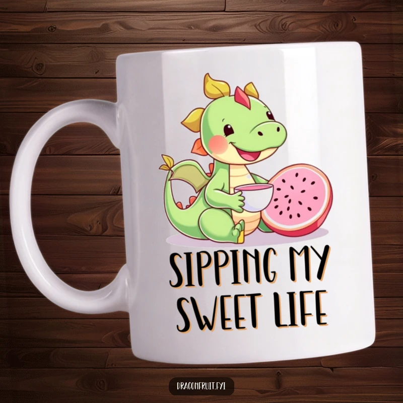 Funny happy dragonfruit character enjoying a tea party with a tiny teacup, a cute and humorous fruit design.