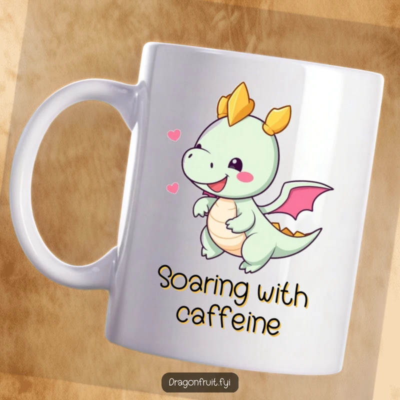 Funny mug showing a delighted dragonfruit character with small, cute wings attempting to fly, radiating joy and tropical fun.