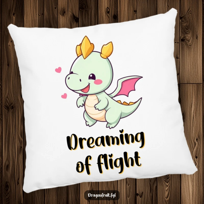 Funny, soft pillow featuring a delighted dragonfruit character with tiny wings, attempting flight, offering cozy tropical humor.