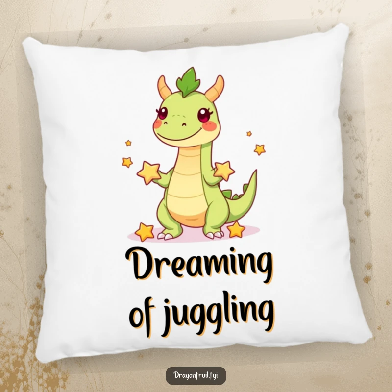 Funny, soft pillow featuring a playful dragonfruit character with legs juggling starfruit, offering cozy tropical humor.