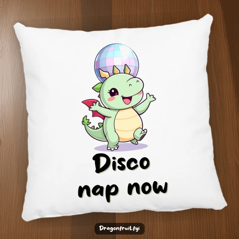 Funny pillow design of a round dragonfruit character happily dancing beneath a glittering disco ball, exuding joy and energy.