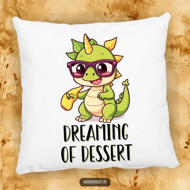Funny pillow with a dragonfruit wearing glasses, dramatically pointing at a banana split, perfect for humorous, cozy seating.