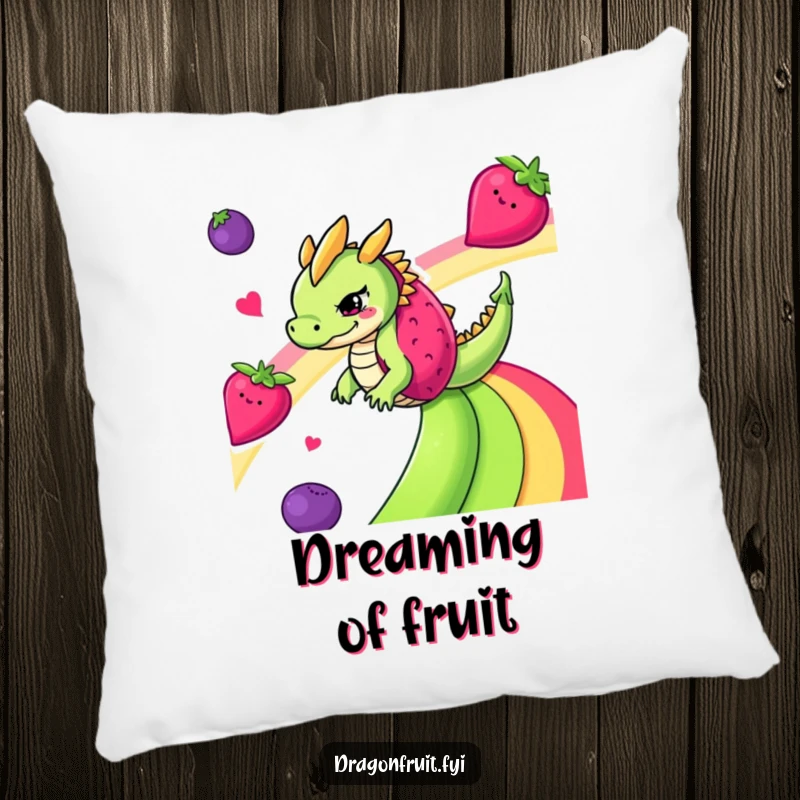Funny mischievous dragonfruit sliding down a rainbow of fruits on a decorative pillow, bringing vibrant energy.