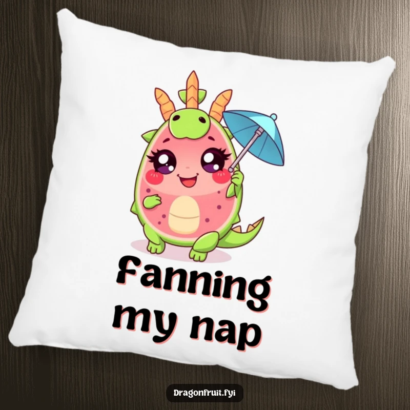 Funny pillow showcasing a giggling dragonfruit wedge with large eyes, dramatically fanning itself with a tiny cocktail umbrella, offering comfort and dramatic humor.