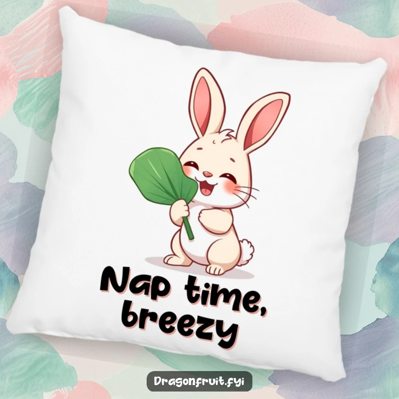 Funny Bunny Rabbit Fan Pillow with a giggling rabbit fanning itself with a large leaf, perfect for sofas.