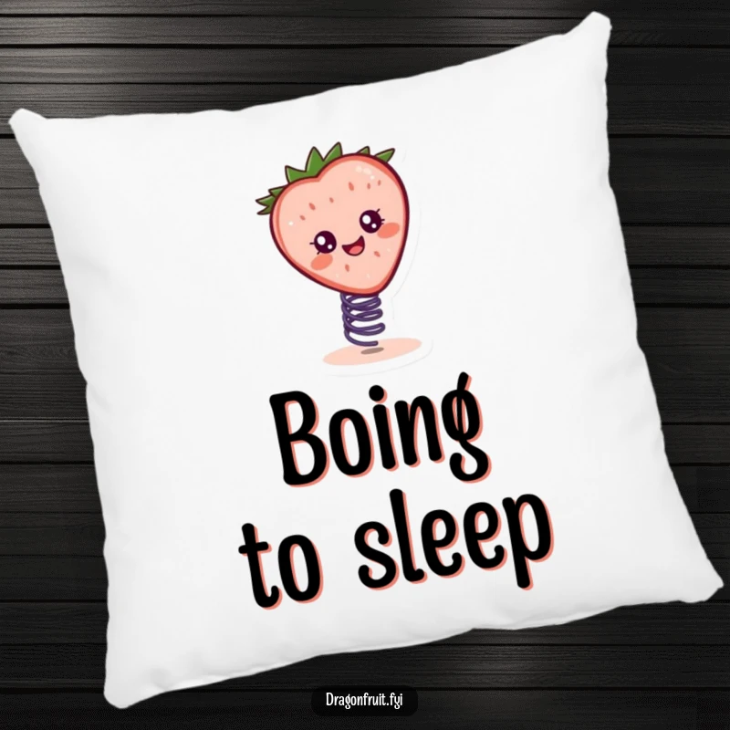 Funny pillow featuring a cheerful strawberry slice character bouncing on a spring, offering soft comfort and playful humor.
