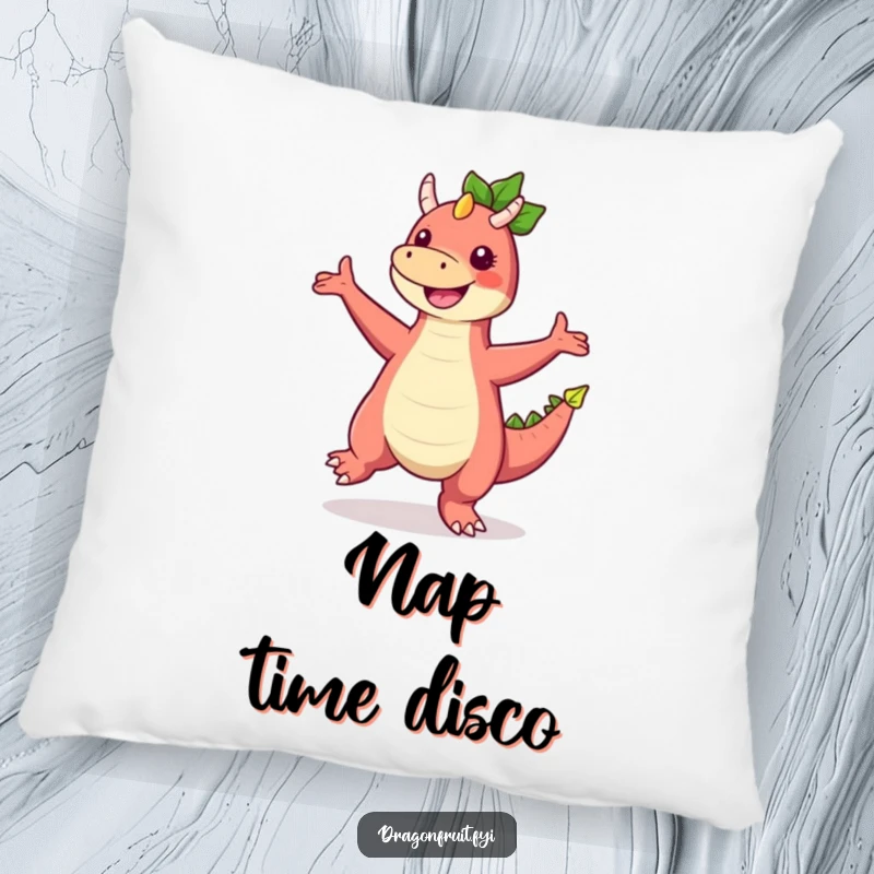 Funny Dragonfruit Pillow showcasing a character joyfully dancing with limbs spread, adding a touch of silliness to home decor.