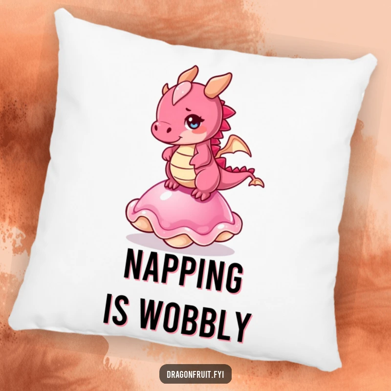 Funny pillow: a dragonfruit character wobbling dramatically on a jelly, looking hilariously out of control.