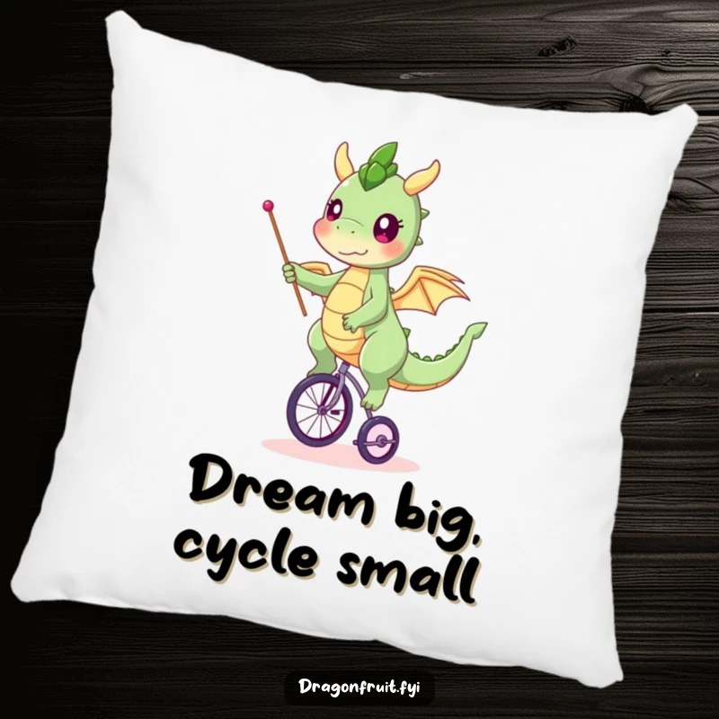 Funny dragonfruit pillow, character balancing on a tiny unicycle, waving a flag, soft and amusing decor.