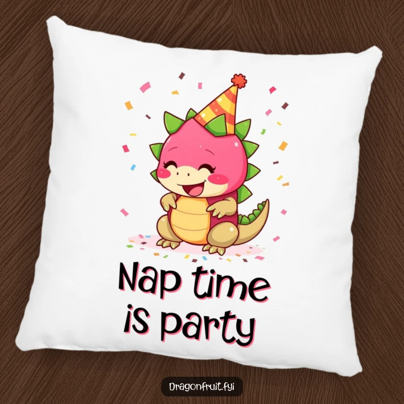 Funny pillow showcasing a giggling dragonfruit in a party hat with falling confetti, for playful and cozy relaxation.