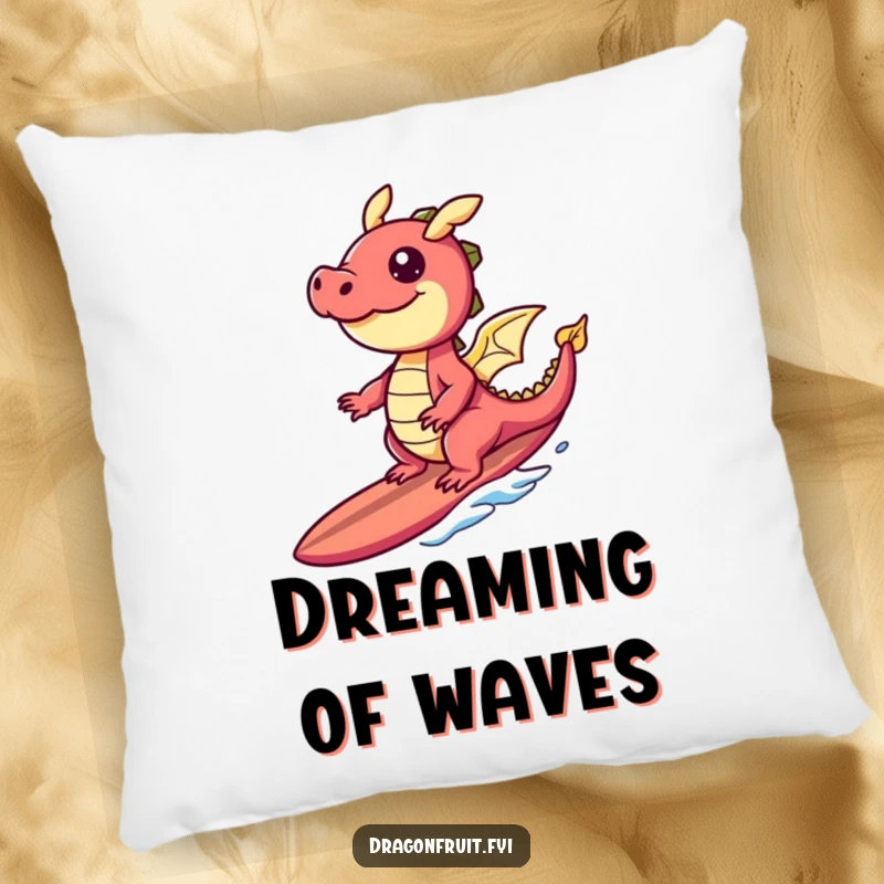 Funny pillow featuring a happy dragonfruit character surfing a banana slice surfboard, offering cozy tropical amusement.