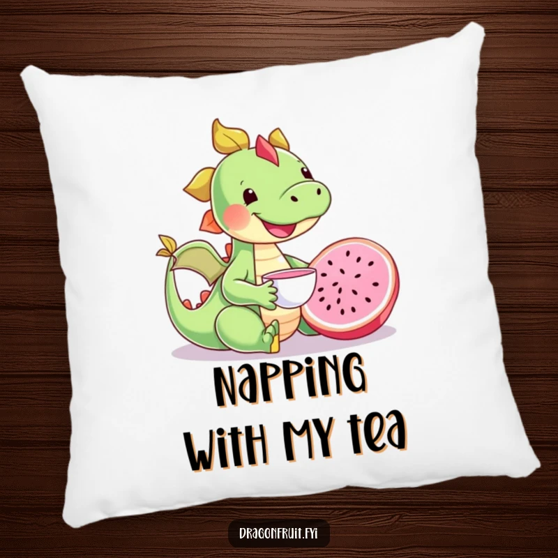 Funny happy dragonfruit character enjoying a tea party with a miniature teacup, a plush and humorous cushion.