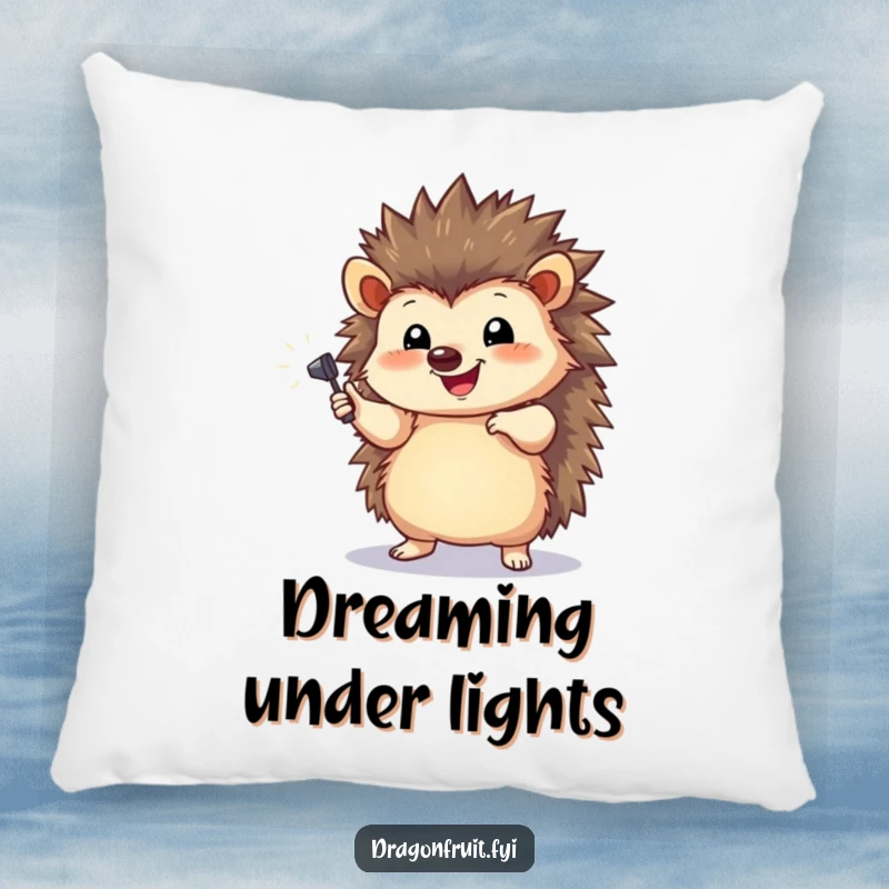 Funny Hedgehog Spotlight Pillow with a happy hedgehog striking a dramatic pose under a tiny spotlight, for sofas.