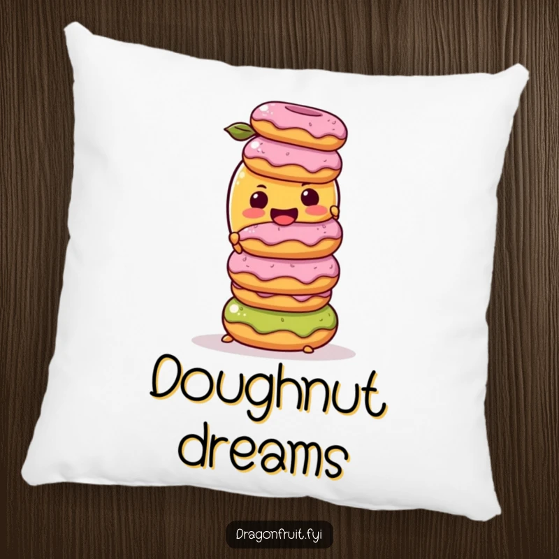 Funny Pillow: A mango character precariously balancing a stack of donuts depicted on a comfortable pillow, adding sweetness and humor to any room.