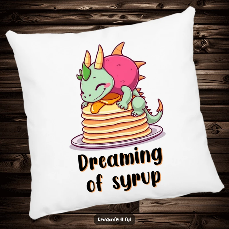 Funny pillow illustrating a dragonfruit with a sheepish grin, comically tipping over a stack of pancakes, adding comfort and humor.