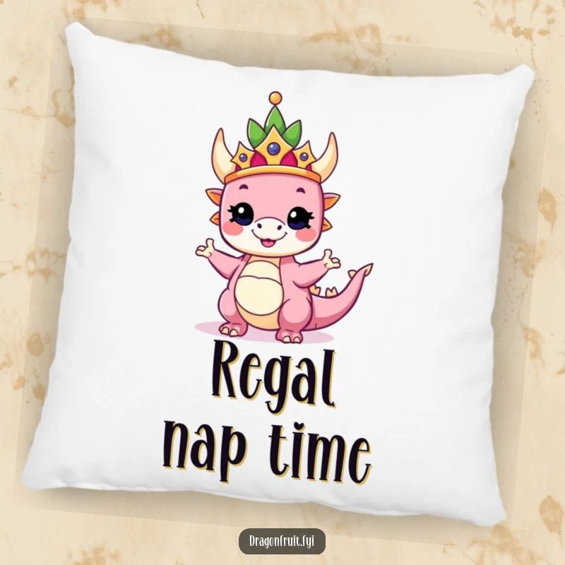 Funny pillow featuring a dragonfruit wearing a crown, striking a proud and silly pose, offering cozy regal comfort.