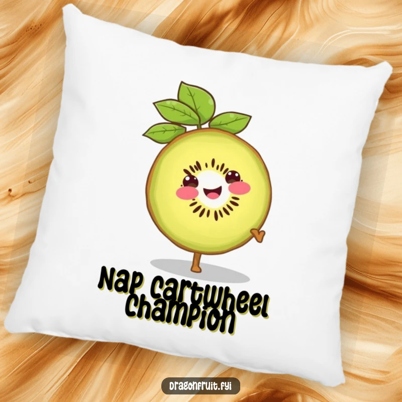 Funny pillow featuring a smiling kiwi slice doing a confident cartwheel, offering soft comfort and energetic humor.