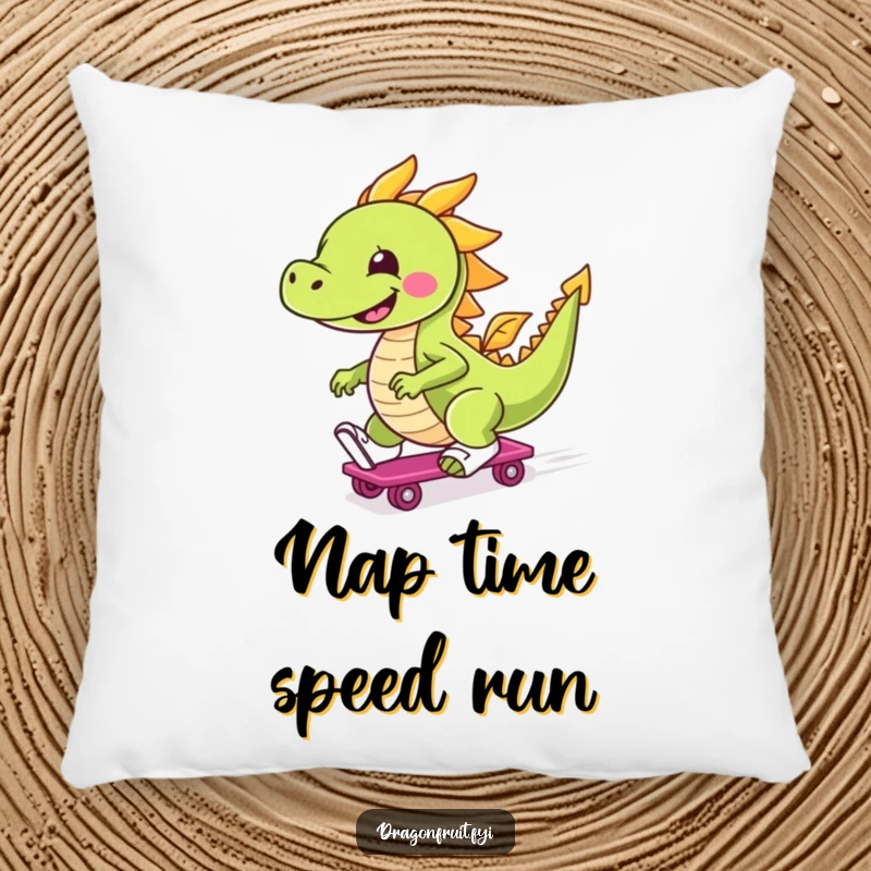 Funny pillow featuring a cheerful dragonfruit character on roller skates, smiling and ready for action, adding a cozy and humorous touch.