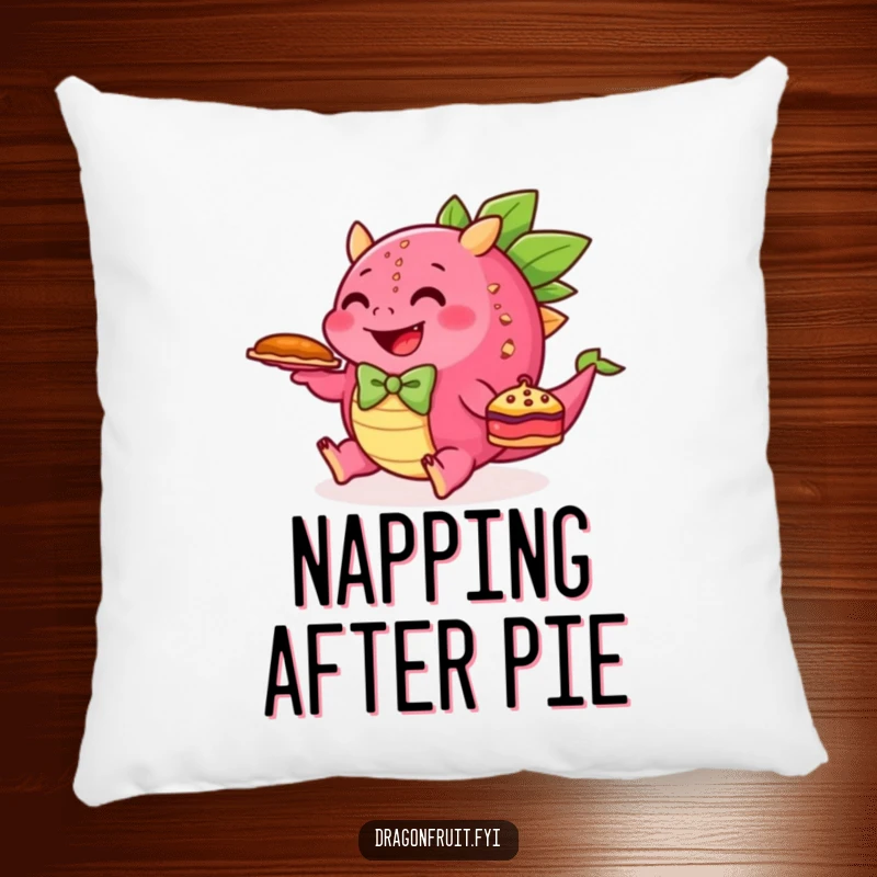 Funny pillow with a happy dragonfruit in a bowtie tripping while holding a pie, adding humorous comfort to any space.