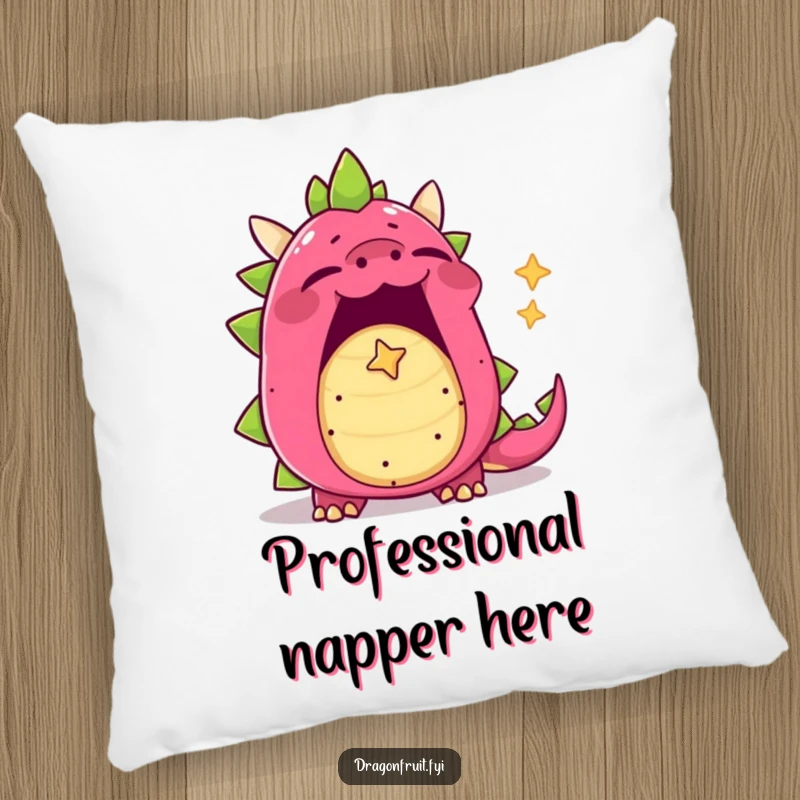 Funny dragonfruit pillow, yawning character with mouth wide open, blowing a tiny star-shaped bubble, soft and sleepy.