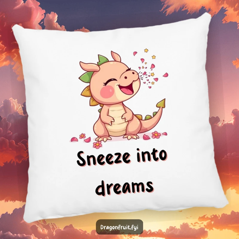 Funny pillow illustrating a dragonfruit comically sneezing a shower of tiny flower petals, adding soft floral humor.