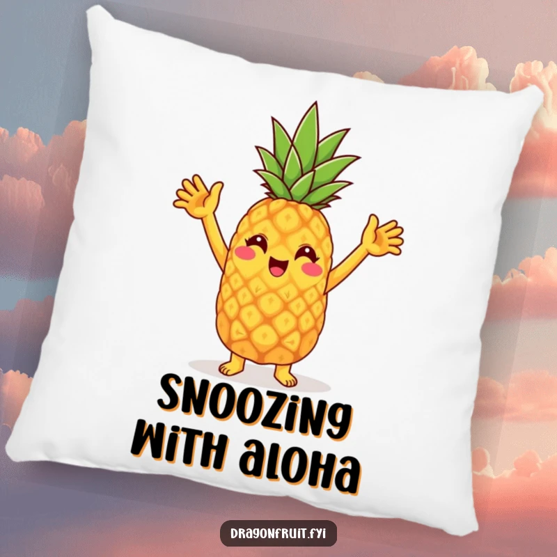 Funny pillow with a cheerful pineapple character doing a silly dance with raised arms, a cozy symbol of fun.