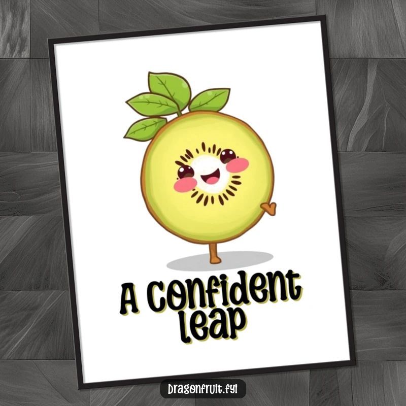 Funny digital art print of a smiling kiwi slice doing a confident cartwheel, perfect for adding energetic humor.