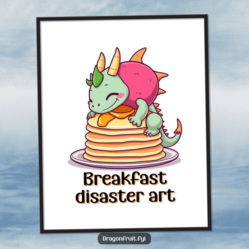 Funny digital art print of a dragonfruit sheepishly grinning as it comically tips over a stack of pancakes, ideal for humorous decor.