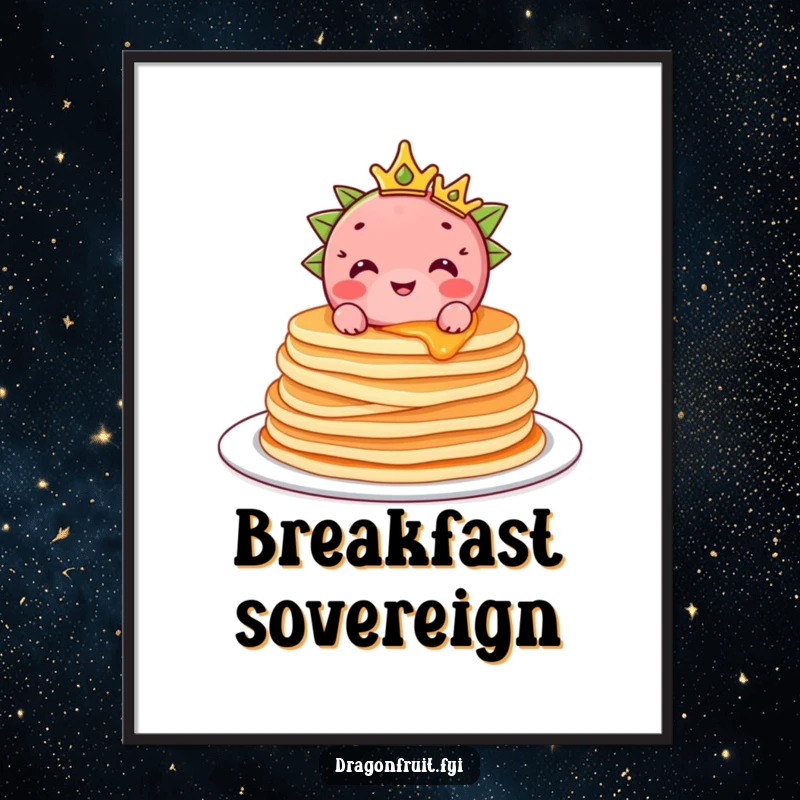 Funny Dragonfruit Digital Art Print: A crowned dragonfruit character sits atop pancakes, a delightful and humorous digital artwork.