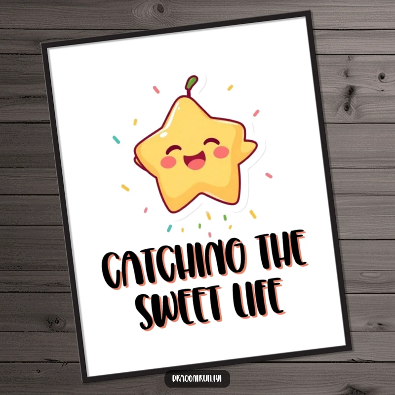Funny Starfruit Digital Art Print: A laughing starfruit character catching falling sprinkles, offering downloadable humor and sweet charm.