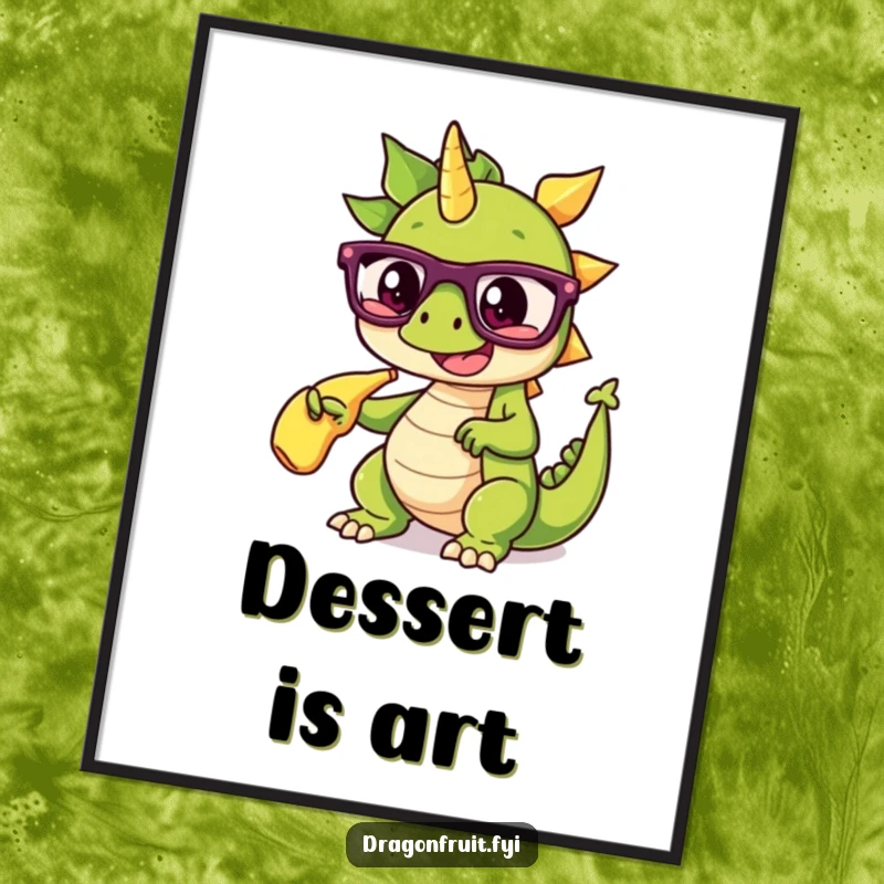 Funny digital art print of a dragonfruit wearing glasses, dramatically pointing at a banana split, for humorous wall decor.