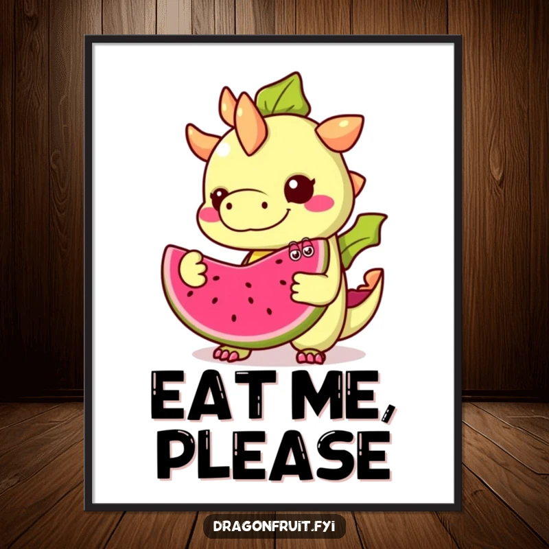 Funny Dragonfruit Digital Art: A mischievous dragonfruit with googly eyes offers a slice, a humorous and vibrant digital decoration.