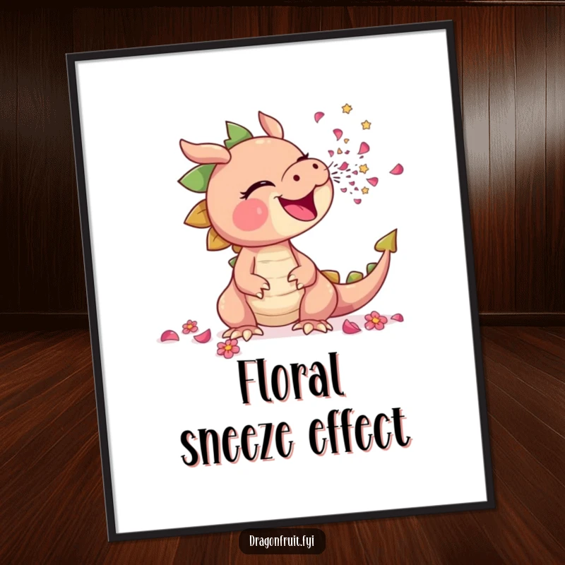 Funny digital art print of a dragonfruit comically sneezing a shower of tiny flower petals, perfect for whimsical and floral decor.