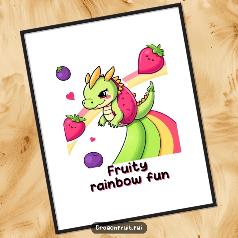 Funny mischievous dragonfruit gleefully descending a rainbow made of fruits on a lively digital art print.