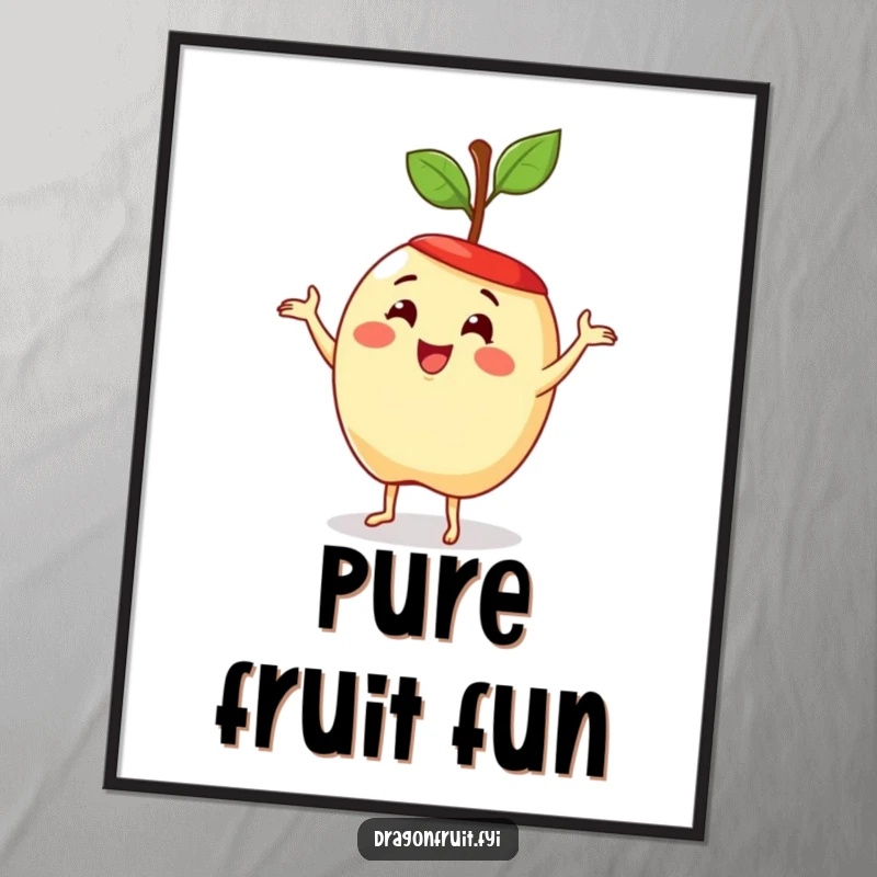 Funny digital art print of a delighted apple with a stem hat, doing a silly dance. Printable fruit wall decor.