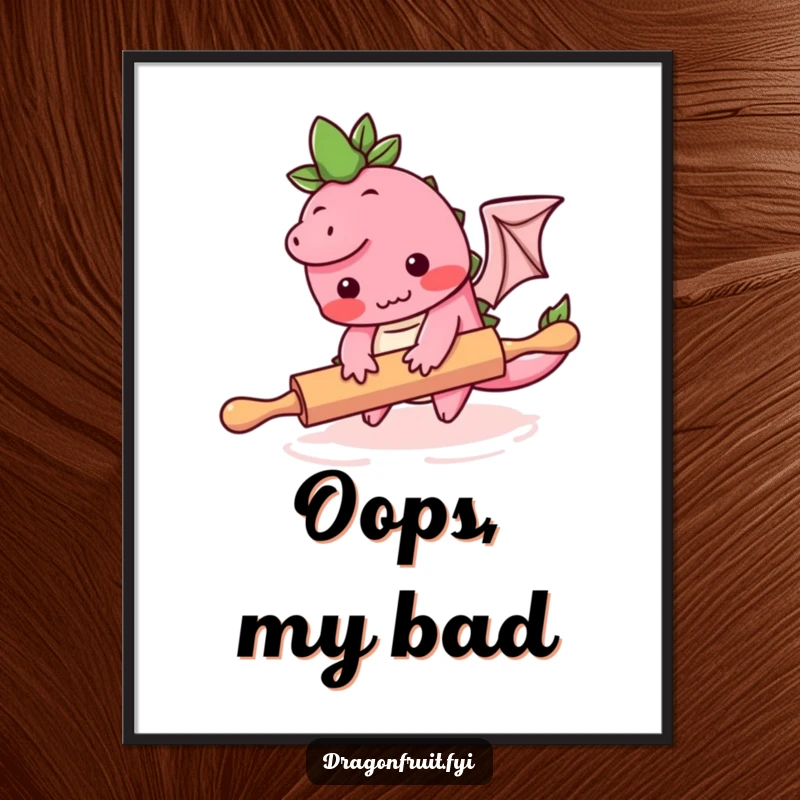 Funny digital art print of a bashful dragonfruit character comically tripping over a rolling pin, ideal for humorous kitchen decor.