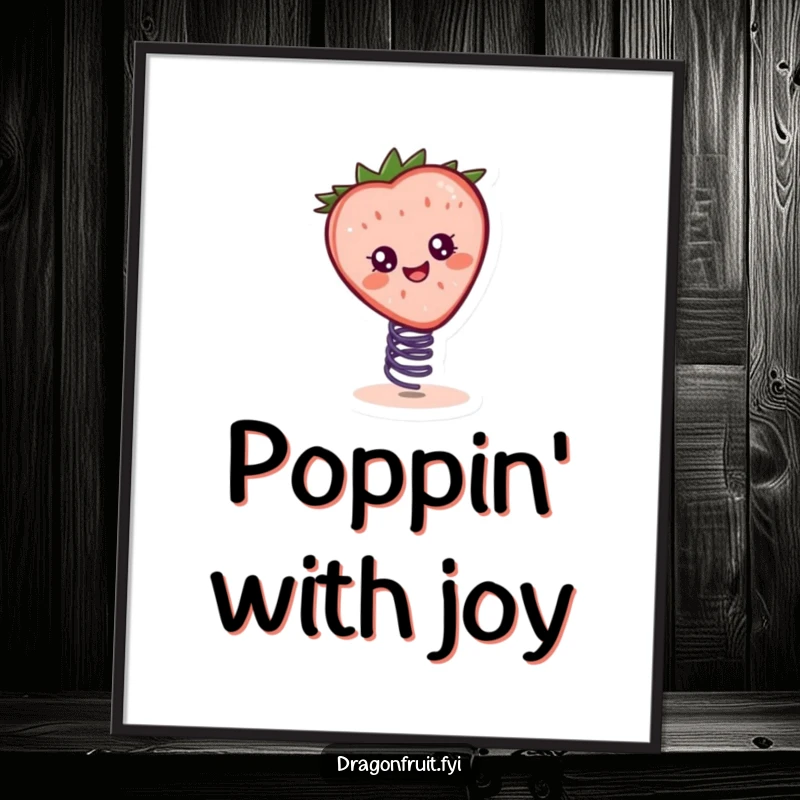Funny digital art print of a cheerful strawberry slice character bouncing on a spring, perfect for adding playful humor.