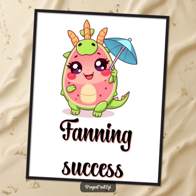 Funny digital art print of a giggling dragonfruit wedge with large eyes, dramatically fanning itself with a tiny cocktail umbrella, celebrating theatrical fun.